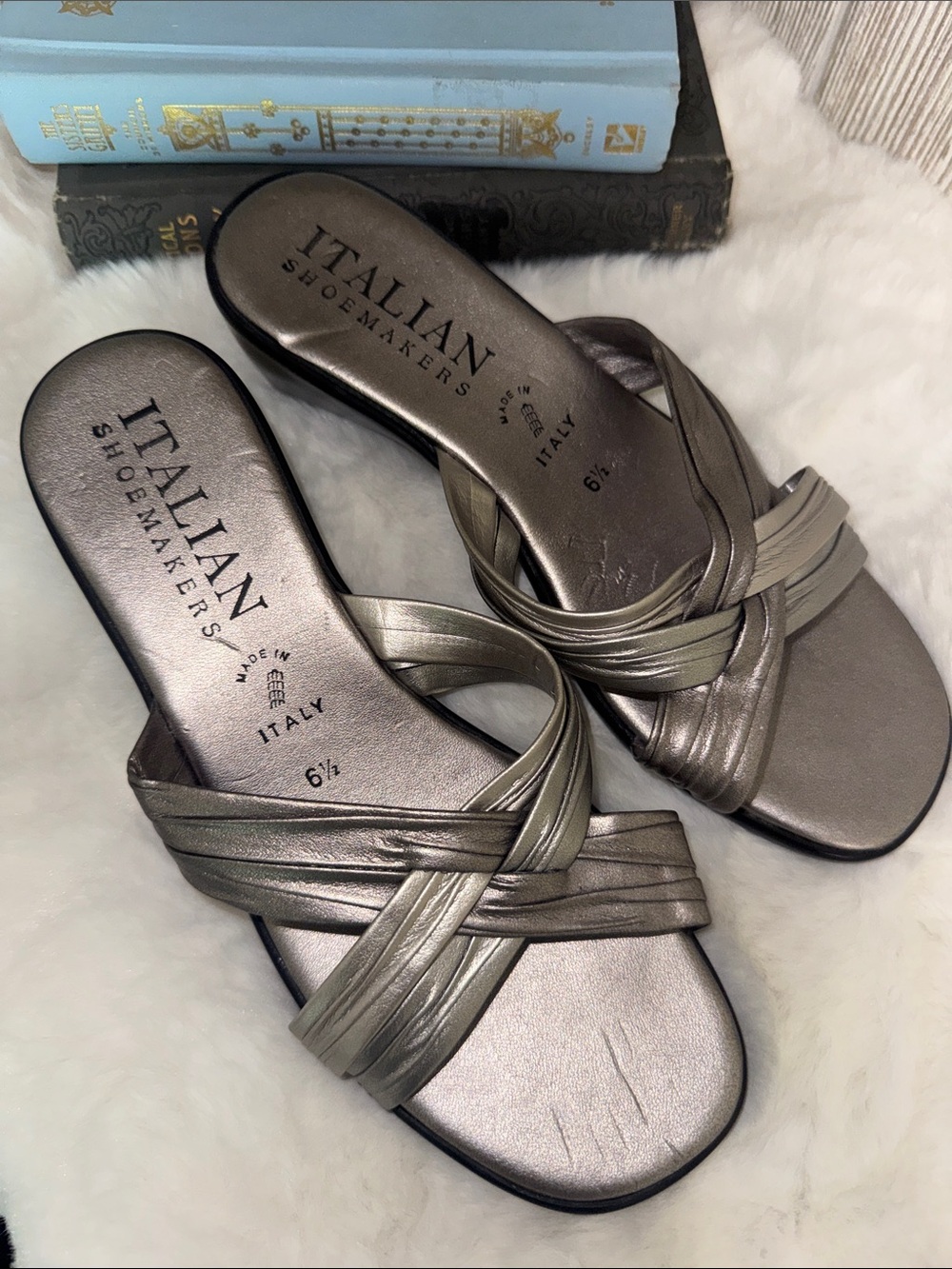 Italian Shoemakers Metallic Pewter Slide Mules